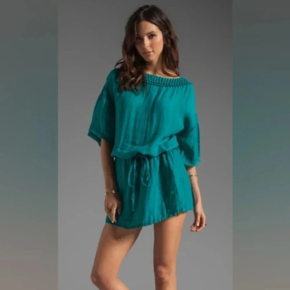 Michael Stars Textured Linen Yael Elbow Sleeve Boatneck Tunic Dress in Cove XS - Picture 1 of 7